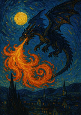 Dragon Fire Starry Night Painting