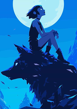 Girl and Wolf under Moonlight