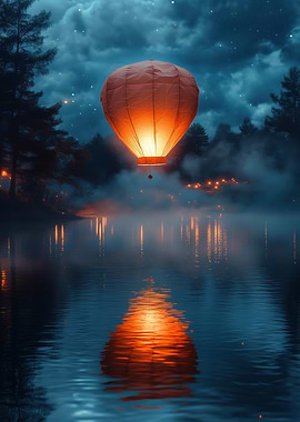Hot air balloon over misty lake