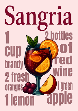 Sangria Cocktail Art Print – Fruity Wine Drink Recipe Wall Decor for Bar, Kitchen, or Lounge
