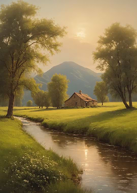 Idyllic Countryside Landscape with River