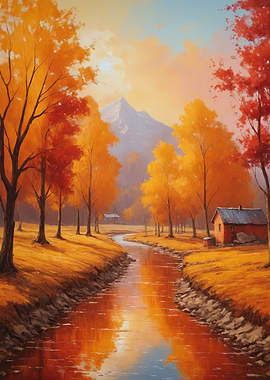 Autumn River Landscape Painting