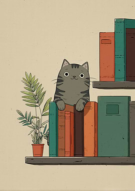 Cat on Bookshelf Illustration