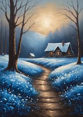 Winter Cabin Landscape Painting