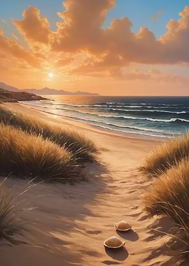Beach Sunset with Dunes and Shells