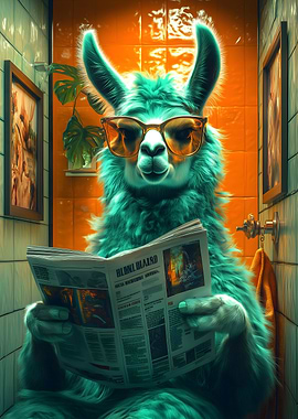 Llama Reading Newspaper in Bathroom