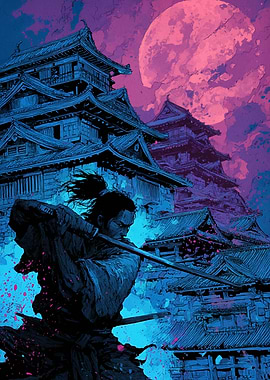 Samurai Warrior in Front of Castle