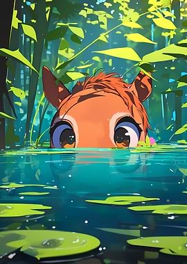 Horse in Water with Lily Pads Animal