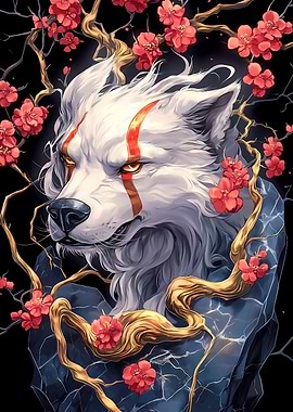 White Wolf with Red Markings and Flowers