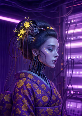 Cyberpunk Geisha with Floral Kimono