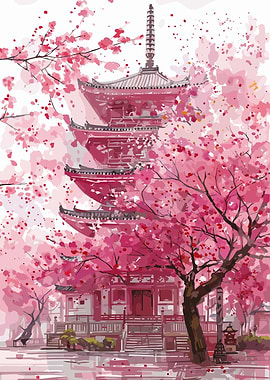 Japanese Pagoda with Cherry Blossoms