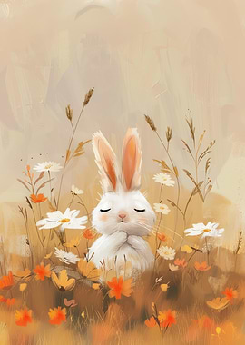 Cute Bunny in Field of Flowers