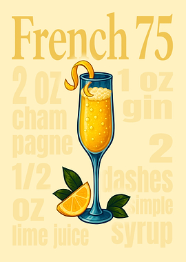 French 75 Cocktail Art Print – Elegant Champagne & Gin Drink Recipe Wall Decor for Bar, Kitchen, or Lounge