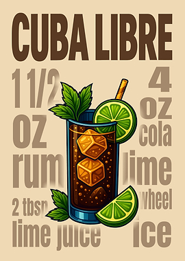 Cuba Libre Cocktail Art Print – Classic Rum & Cola Drink Recipe Wall Decor for Bar, Kitchen, or Lounge
