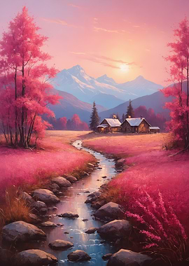 Pink Landscape with River and Cabins
