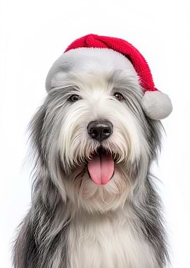 Old English Sheepdog with Santa Hat