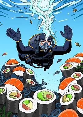 Sushi Reef Diver Cartoon Illustration