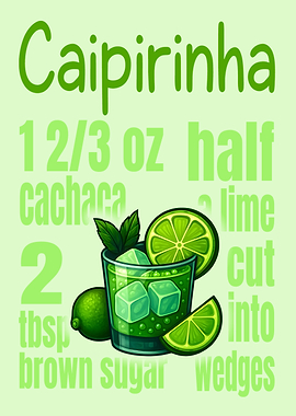 Caipirinha Cocktail Art Print – Classic Brazilian Cachaça Drink Recipe Wall Decor for Bar, Kitchen, or Lounge