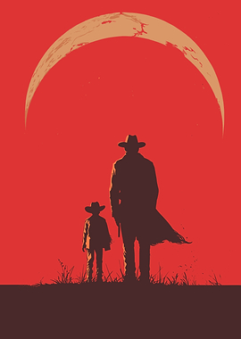 Dad and Son Under Moon