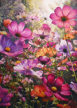 Colorful Cosmos Flower Field Painting