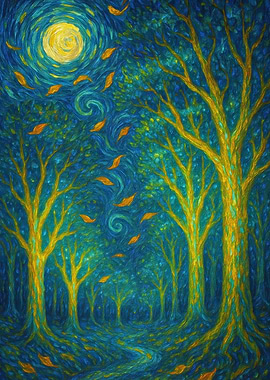 Enchanted Forest Under a Swirling Sky