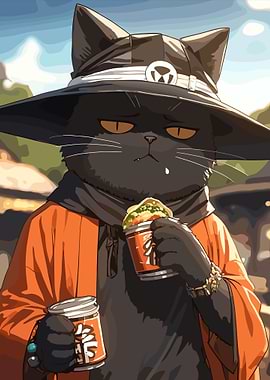 Cat Samurai with Noodles