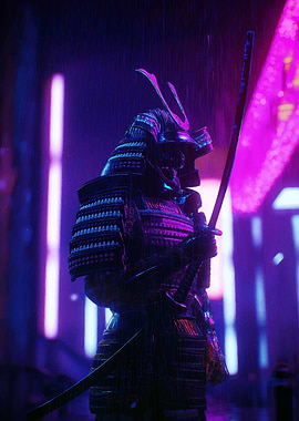 Cyberpunk Samurai in Neon Rain