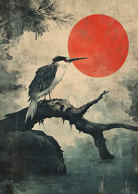 Bird on Branch with Red Sun
