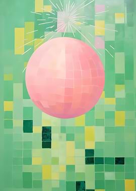 Pink Sphere on Green Pixelated Background