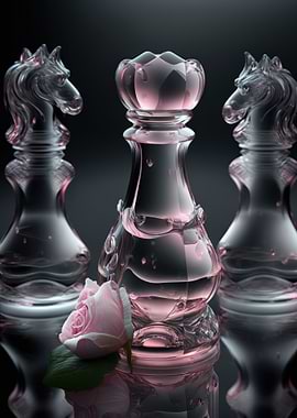 Glass Chess Pieces with Pink Rose