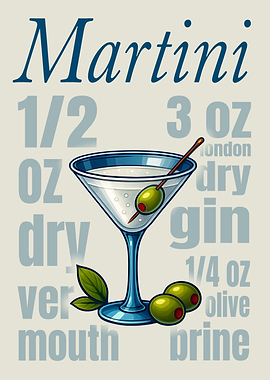 Martini Cocktail Art Print – Classic Gin or Vodka Drink Recipe Wall Decor for Bar, Kitchen, or Lounge