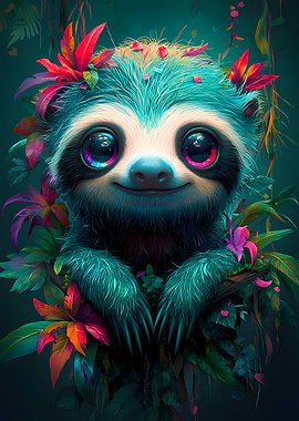 Cute Sloth with Flowers