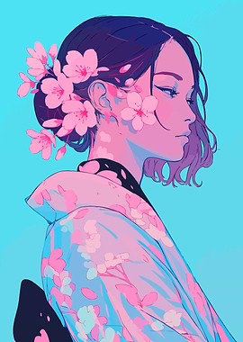 Retro Pastel Kimono Girl Cherry Blossom Sakura Minimalist Art Illustration