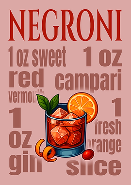 Negroni Cocktail Art Print – Bold Italian Aperitif Drink Recipe Wall Decor for Bar, Kitchen, or Lounge