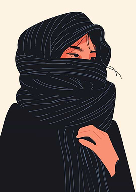 Woman in Black Scarf Minimalist Boho Art Illustration