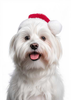 Maltese Dog with Santa Hat Portrait