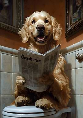 Golden Retriever Reading Newspaper on Toilet