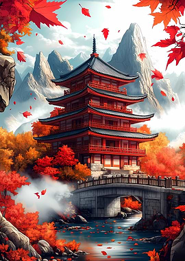 Japanese Pagoda in Autumn Landscape