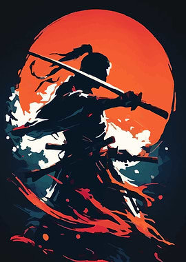 Samurai Silhouette with Rising Sun
