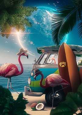 Flamingos, Van, and Beach Paradise