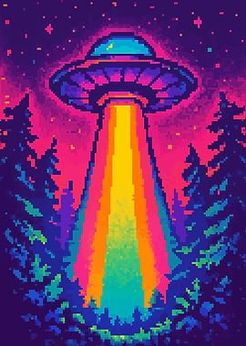 Retro UFO Pixel Art Colorful Beaming Up