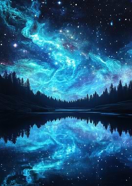 Night Sky Reflection In Lake, Blue Starry Night