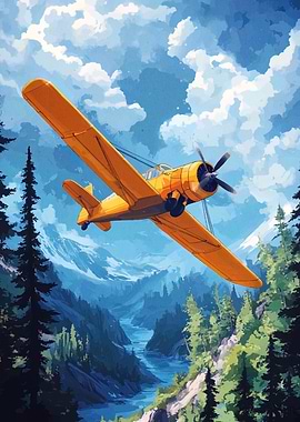 Yellow Airplane Over Mountain Landscape