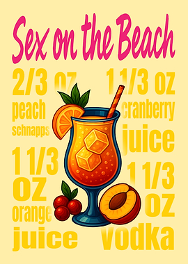 Sex on the Beach Cocktail Art Print – Fruity Vodka Drink Recipe Wall Decor for Bar, Kitchen, or Lounge