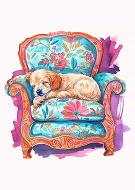 Sleeping Puppy on Floral Armchair