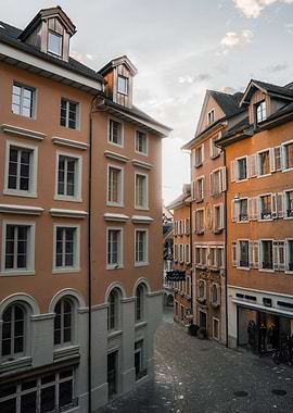 Switzerland street with old buildings and sunny wheater