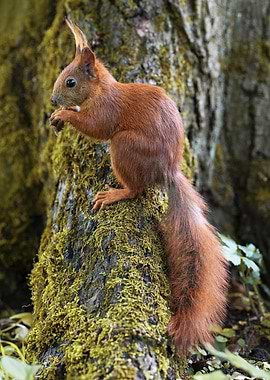 Red Squirrel on Mossy Tree Trunk
