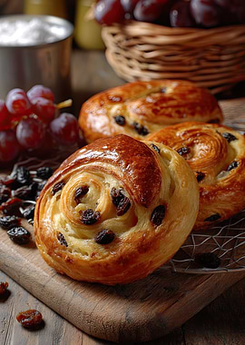 Raisin buns with grapes still life