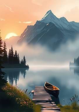 Lake and Mountain Landscape with Boat