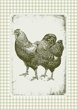 Vintage Chicken Illustration on Gingham Background